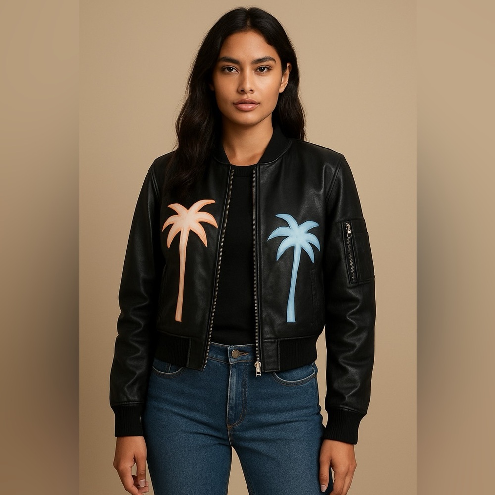 Wren + Glory Vegan Leather Bomber Jacket Neon Palm Trees Size Medium NWOT
